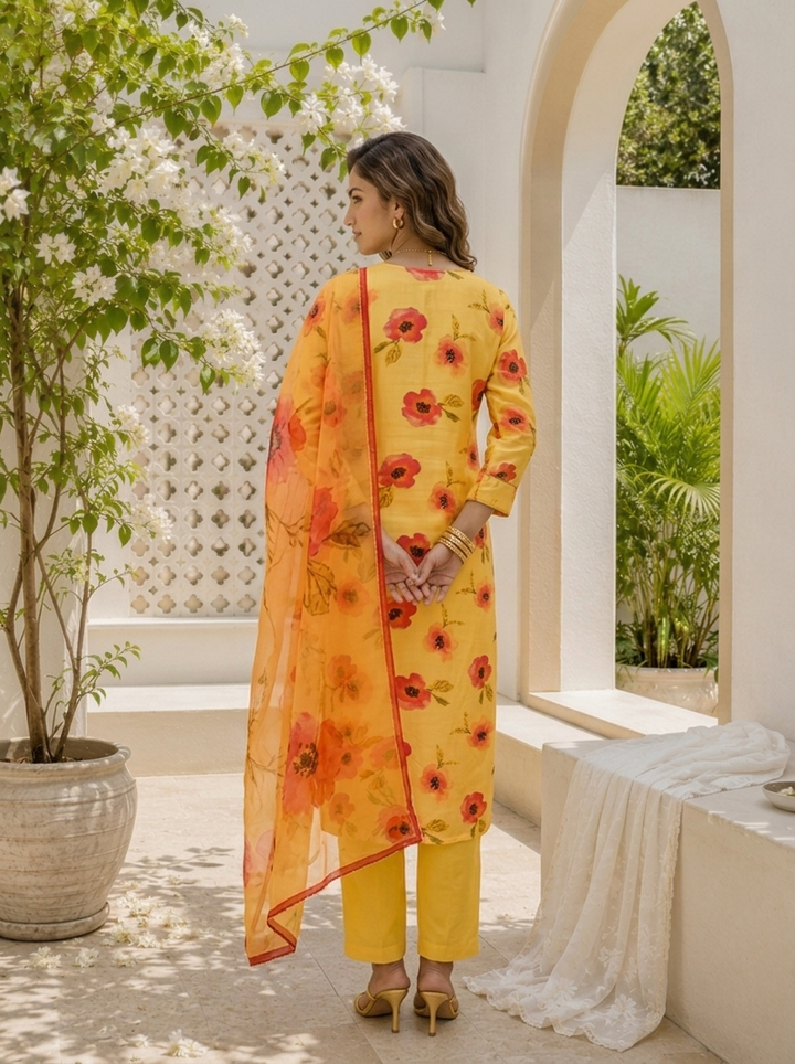 Yellow Linen Floral And Leaf Printed Three Piece Set