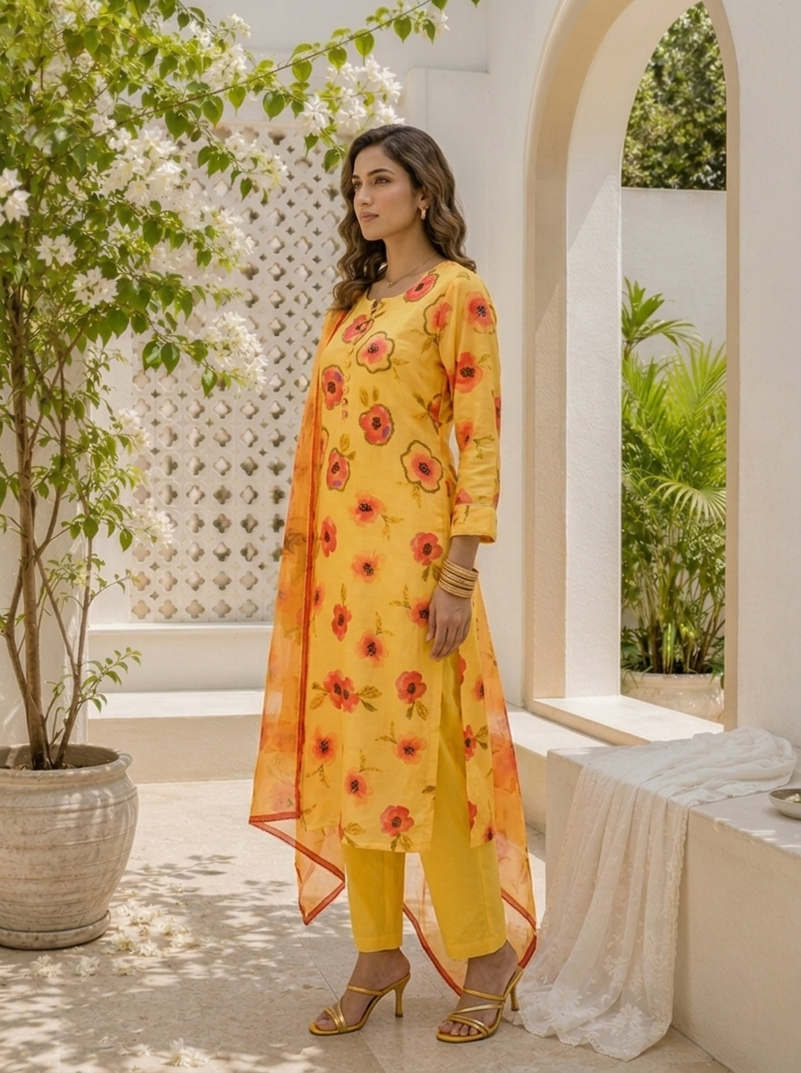 Yellow Linen Floral And Leaf Printed Three Piece Set
