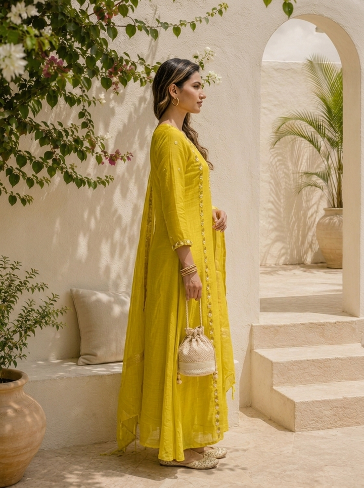 Green Muslin Floral Thread With Side Panel Embroidered Three Piece Set