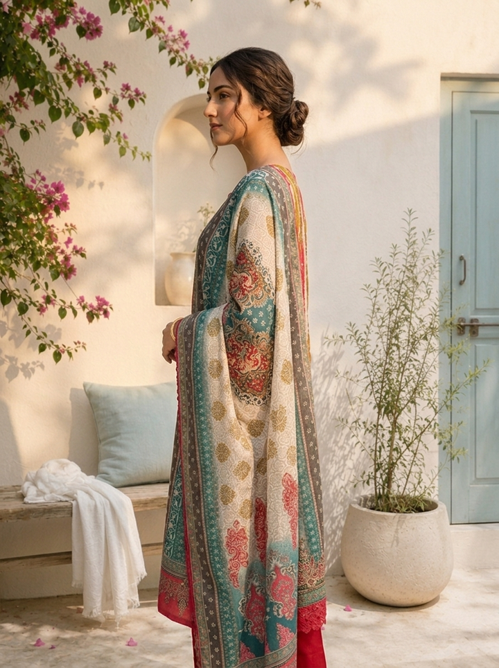 Multicolor Rayon Ethnic Motif Printed Three Piece Set