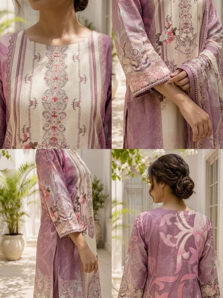 Lilac Silk Ethnic Motif Printed Three Piece Set