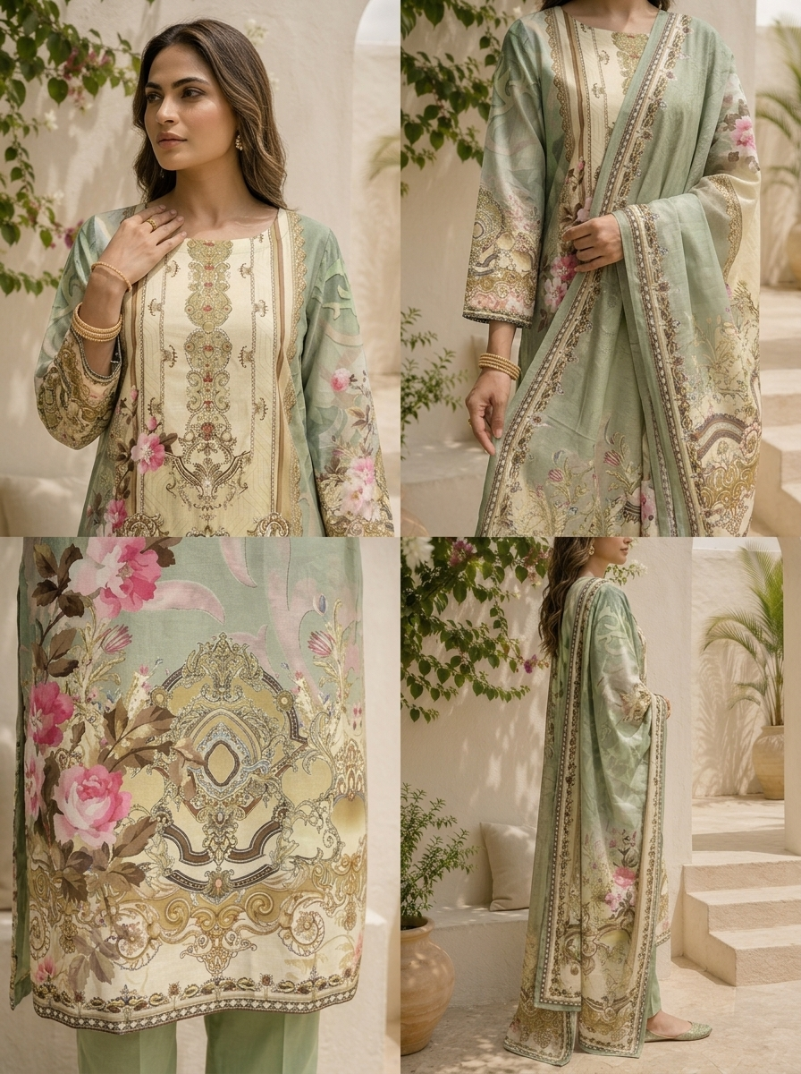 Pista Silk Ethnic Motif Printed Three Piece Set