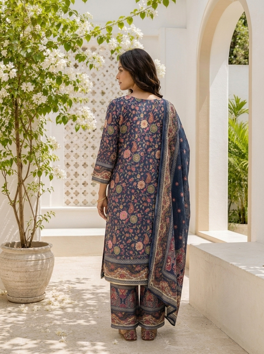 Navy Blue Chinon Mughal Printed Three Piece Set