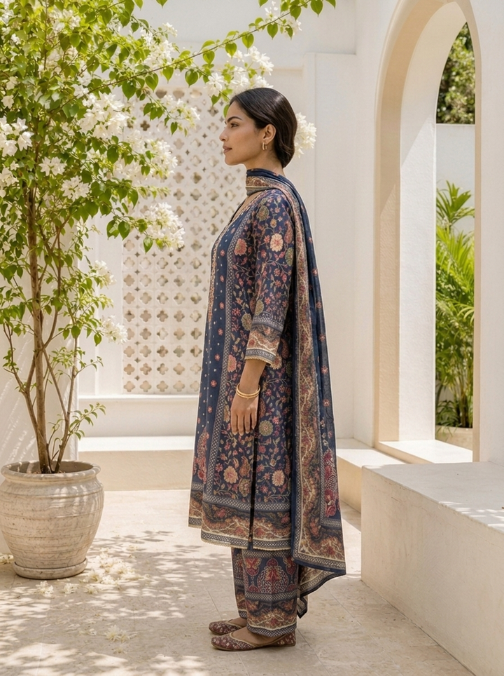 Navy Blue Chinon Mughal Printed Three Piece Set