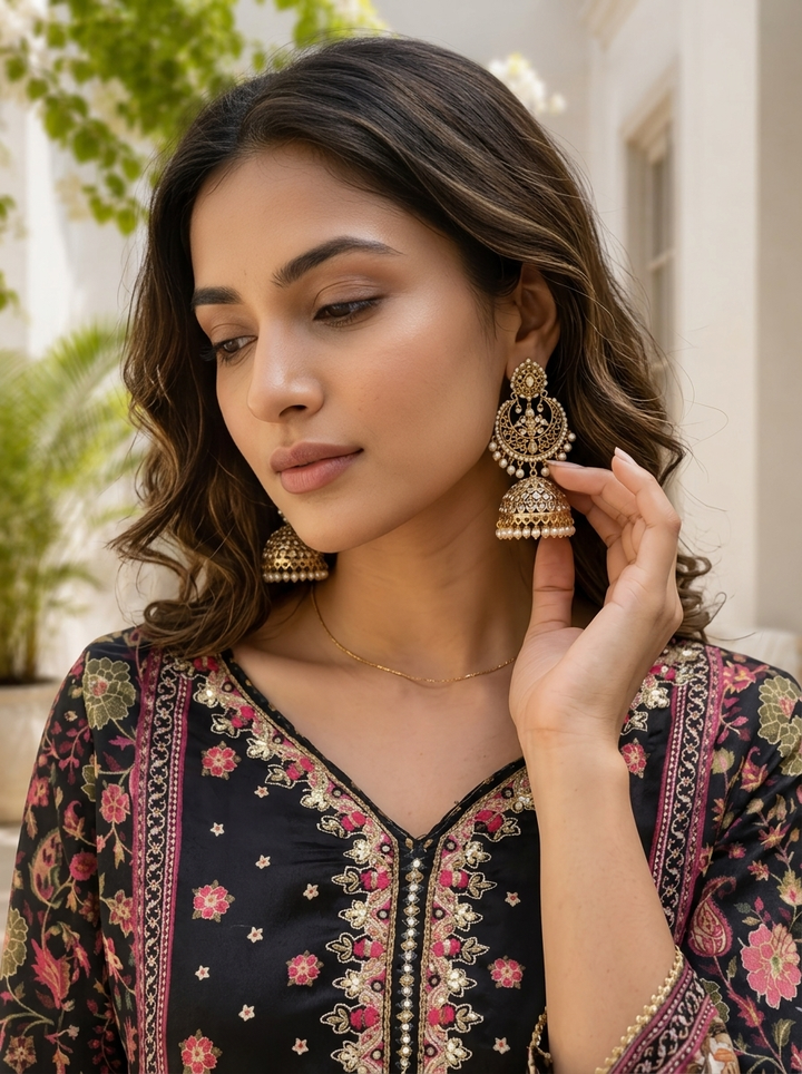Black Chinon Mughal Printed Three Piece Set