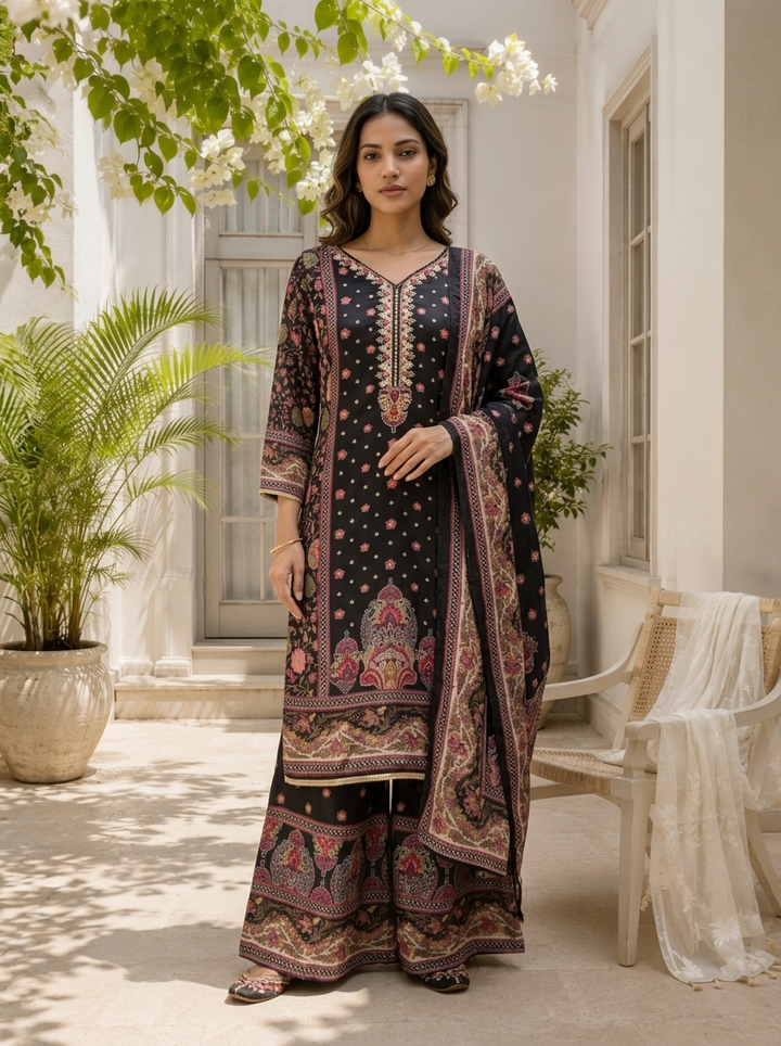 Black Chinon Mughal Printed Three Piece Set