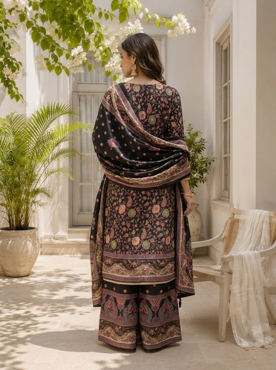 Black Chinon Mughal Printed Three Piece Set