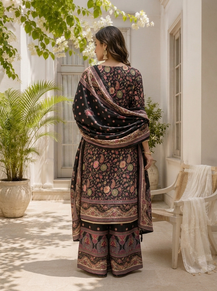 Black Chinon Mughal Printed Three Piece Set