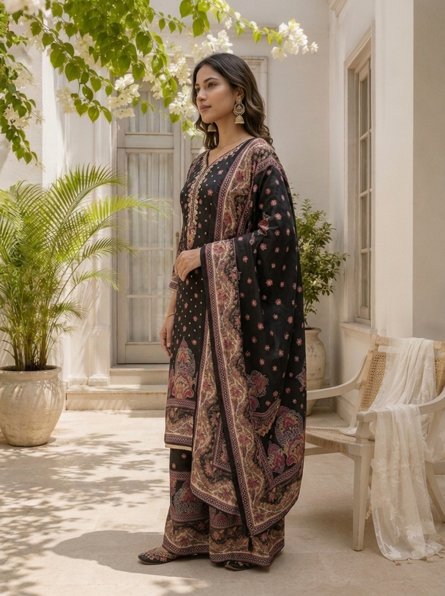 Black Chinon Mughal Printed Three Piece Set