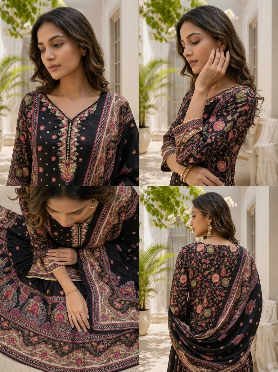Black Chinon Mughal Printed Three Piece Set