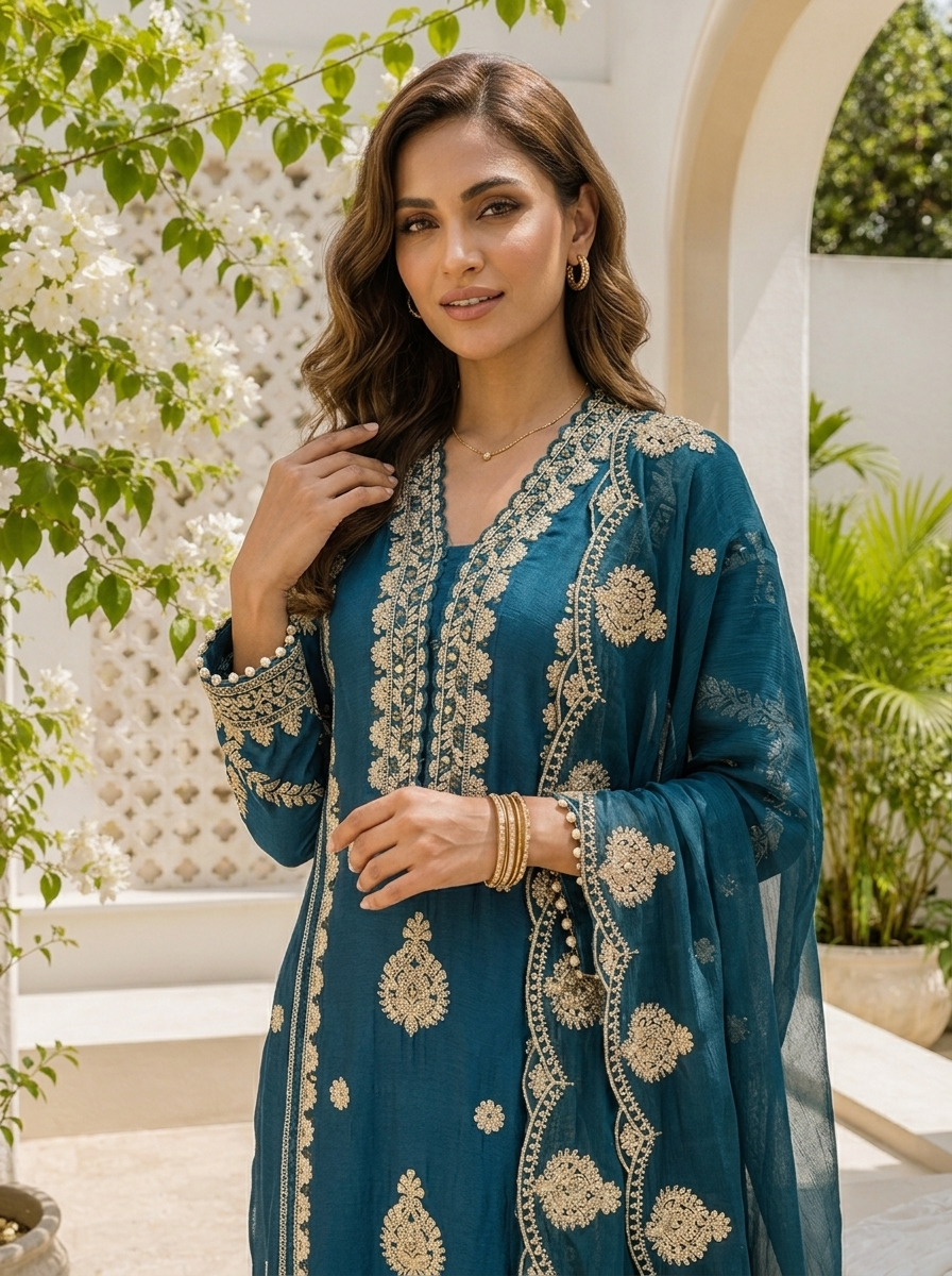Rama Chinon Ethnic Zari Embroidered Three Piece Set