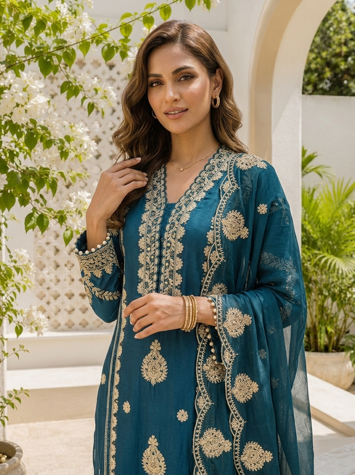 Rama Chinon Ethnic Zari Embroidered Three Piece Set