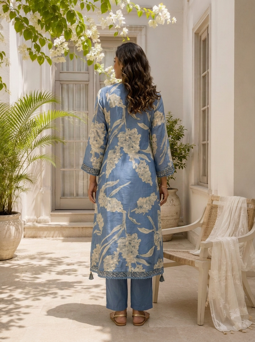 Sky Blue Muslin Leaf Printed Three Piece Set