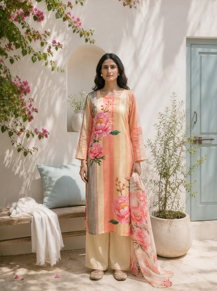 Peach Linen Rose Floral Printed Three Piece Set