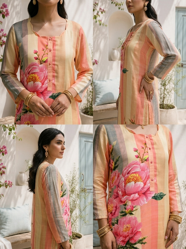 Peach Linen Rose Floral Printed Three Piece Set