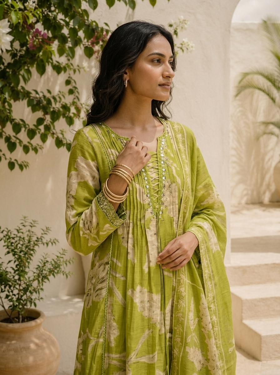 Green Muslin Leaf Printed Three Piece Set