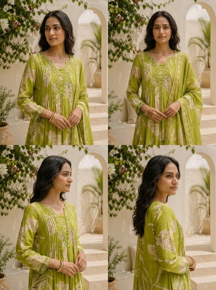 Green Muslin Leaf Printed Three Piece Set