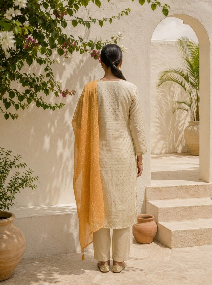 Mustard Tissue Floral Embroidered Three Piece Set