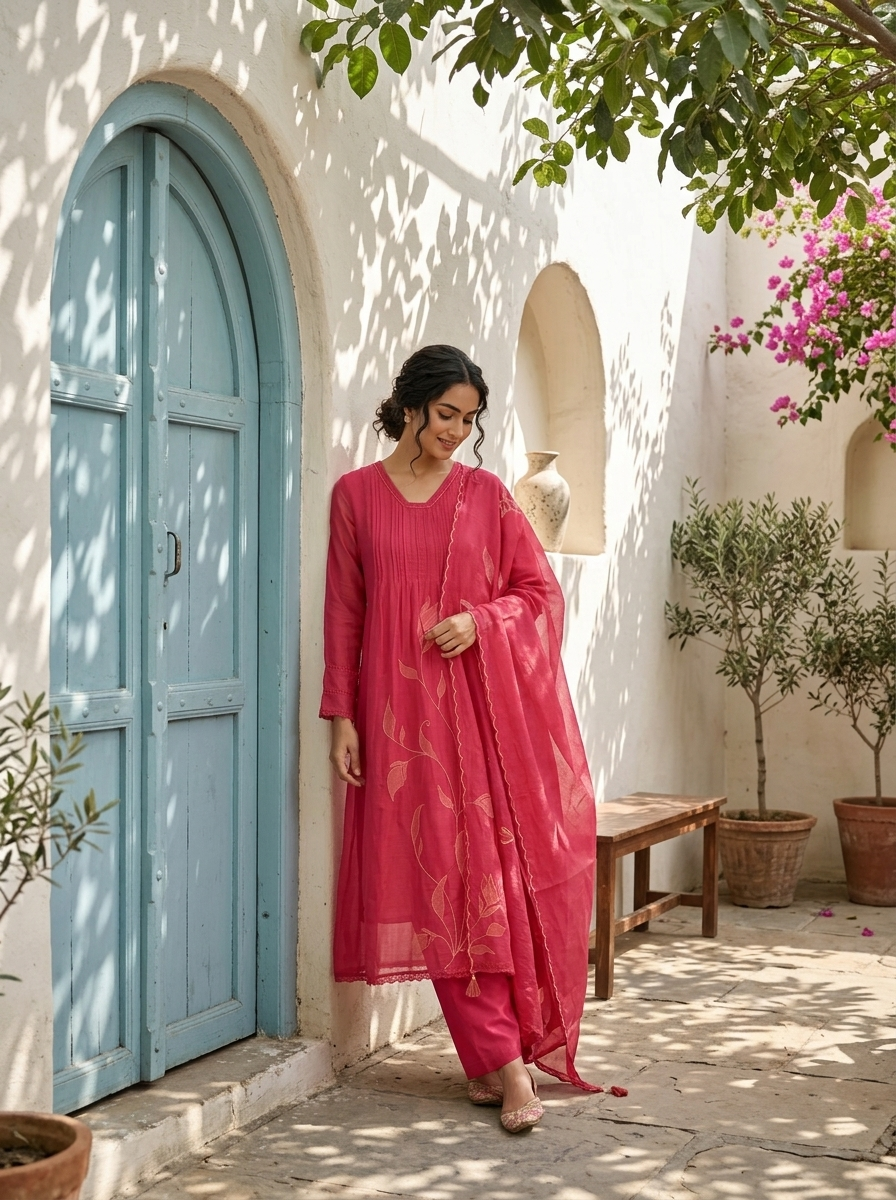 Wine Chanderi Floral Thread Embroidered Three Piece Set