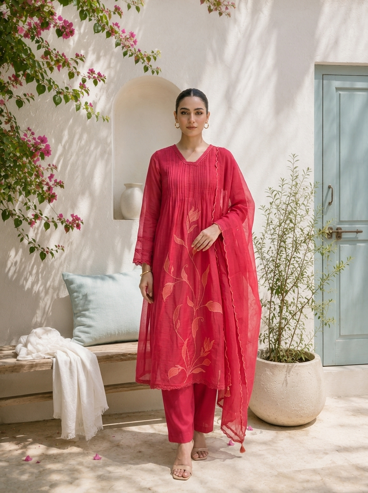 Wine Chanderi Floral Thread Embroidered Three Piece Set