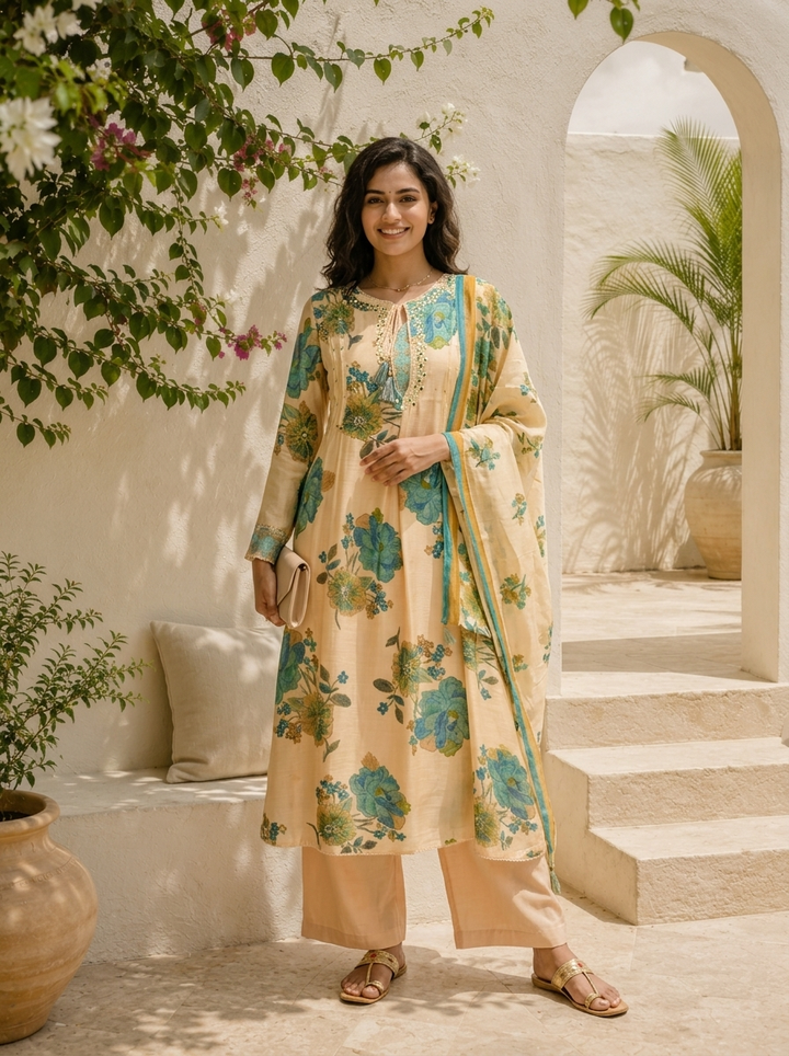 Rama Muslin Large Floral Digital Printed Three Piece Set