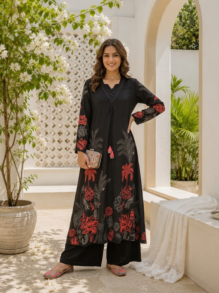 Black Rayon Mughal Botanical Printed Two Piece Set