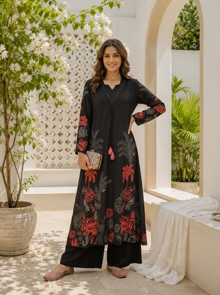 Black Rayon Mughal Botanical Printed Two Piece Set