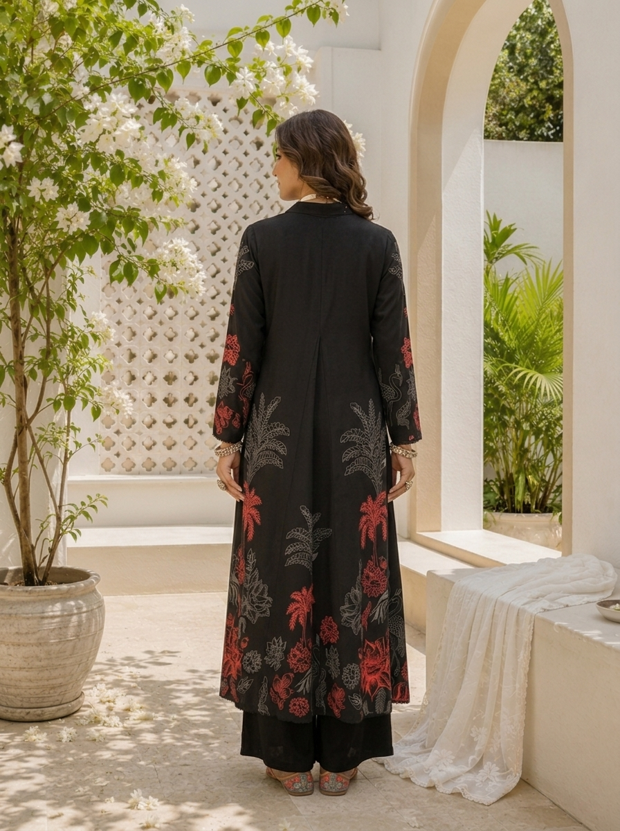 Black Rayon Mughal Botanical Printed Two Piece Set