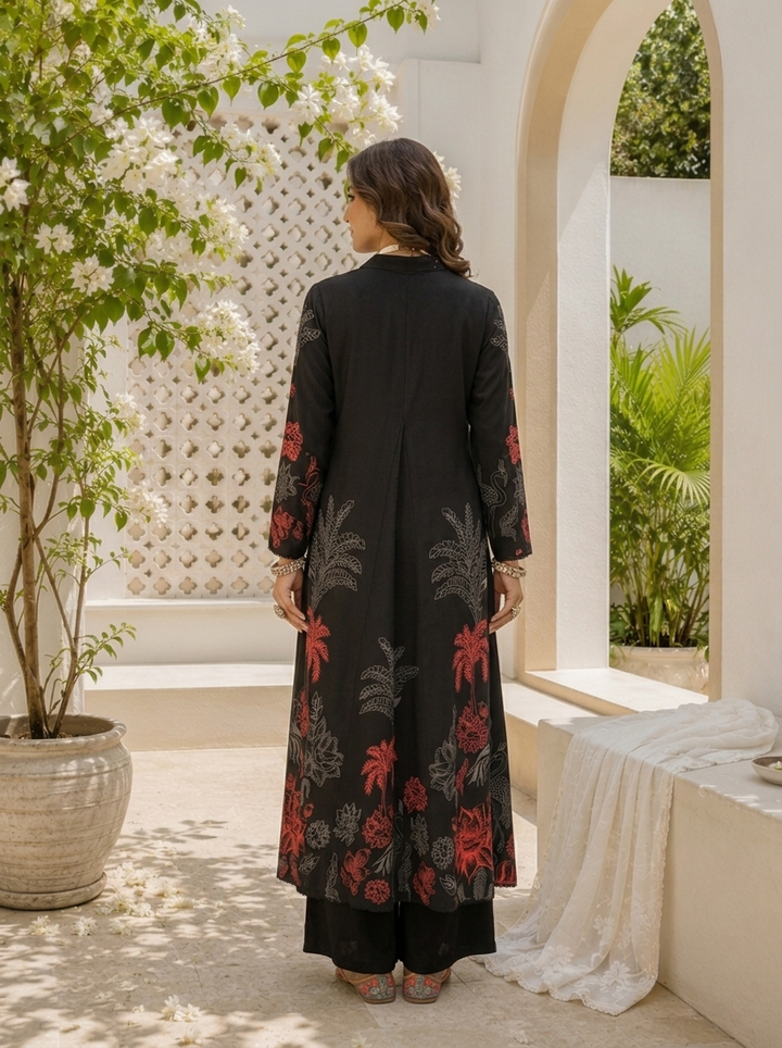Black Rayon Mughal Botanical Printed Two Piece Set