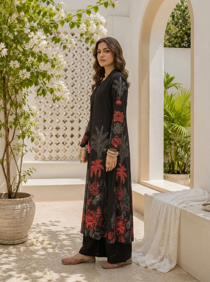 Black Rayon Mughal Botanical Printed Two Piece Set