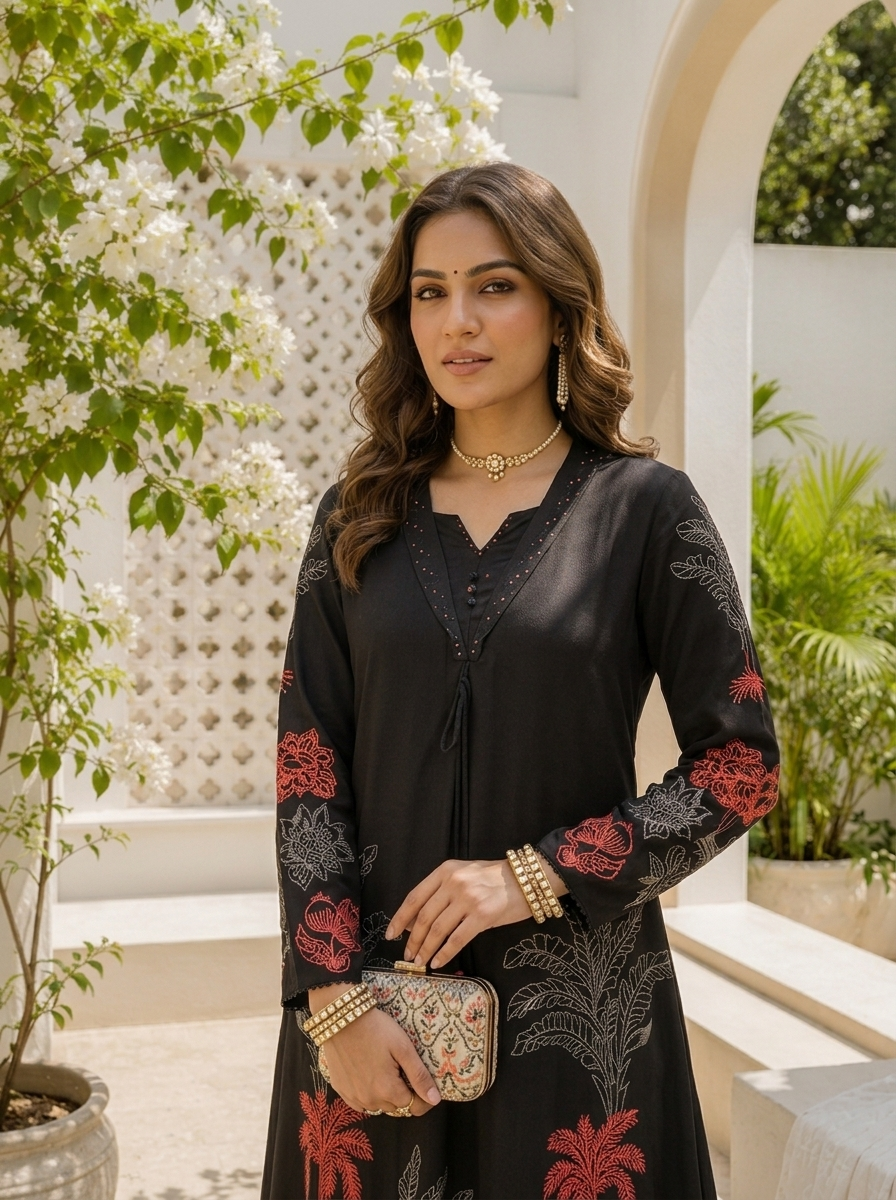 Black Rayon Mughal Botanical Printed Two Piece Set
