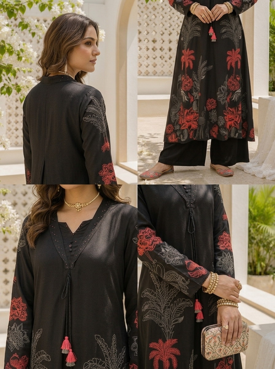 Black Rayon Mughal Botanical Printed Two Piece Set