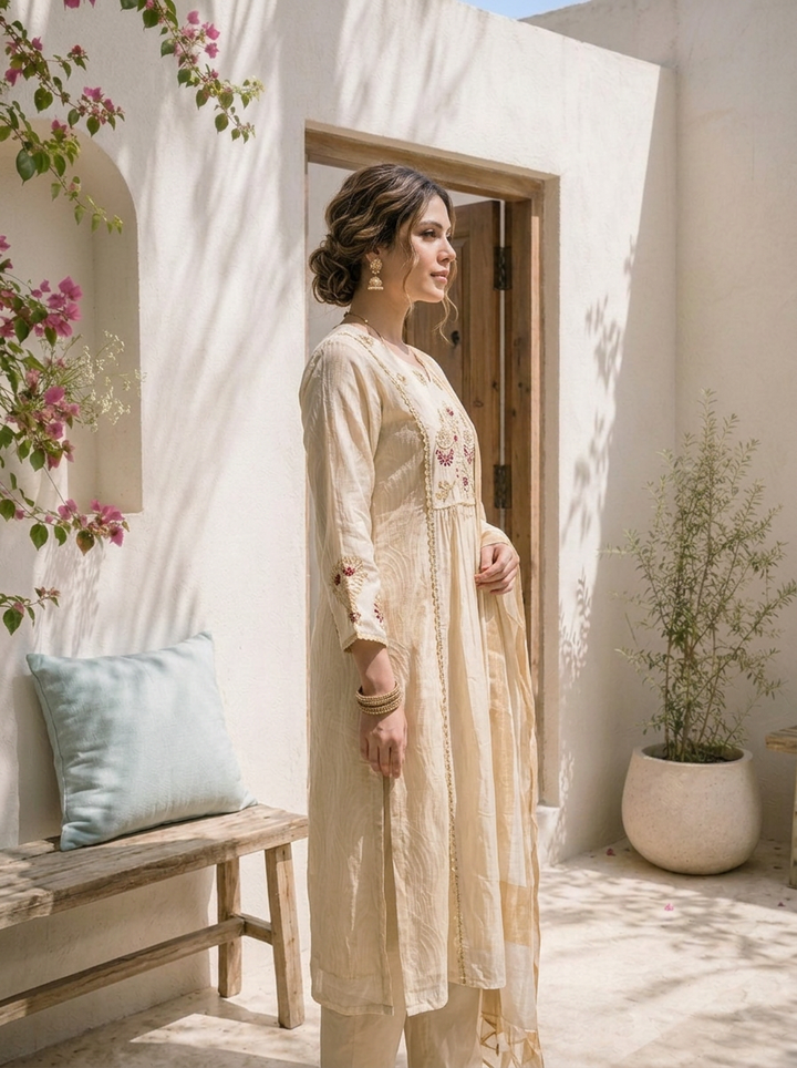 Beige Organza Zari Embroidered Three Piece Set