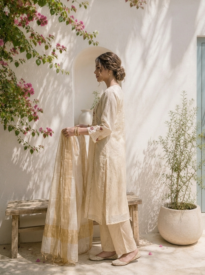 Beige Organza Zari Embroidered Three Piece Set
