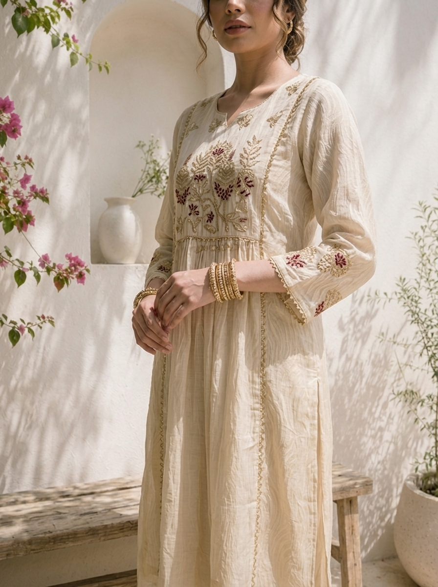 Beige Organza Zari Embroidered Three Piece Set