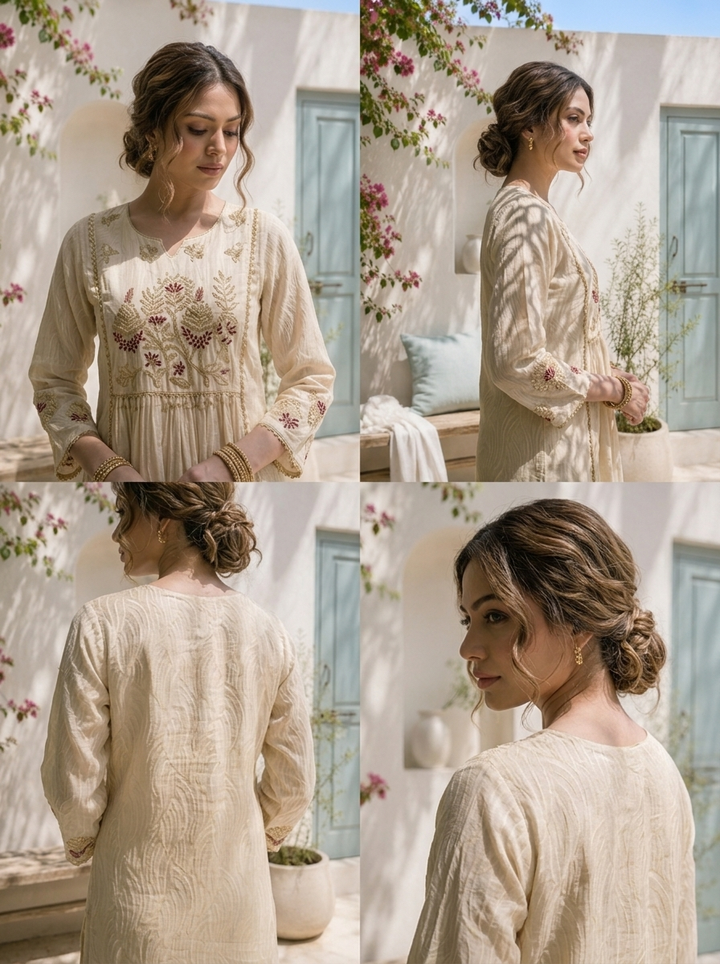 Beige Organza Zari Embroidered Three Piece Set