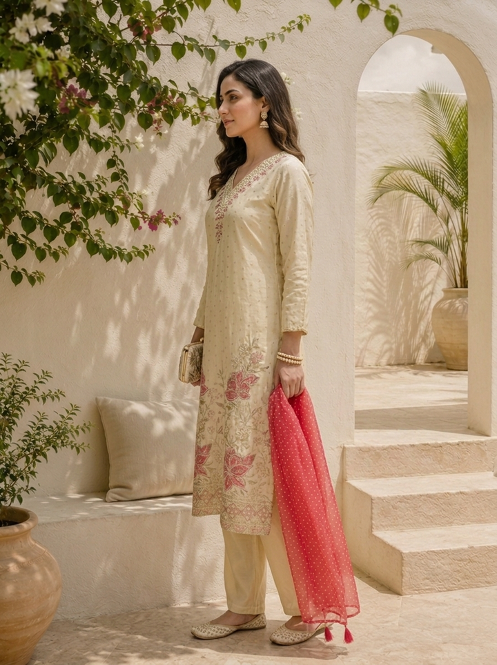 Rani Pink Tissue Floral Embroidered Three Piece Set