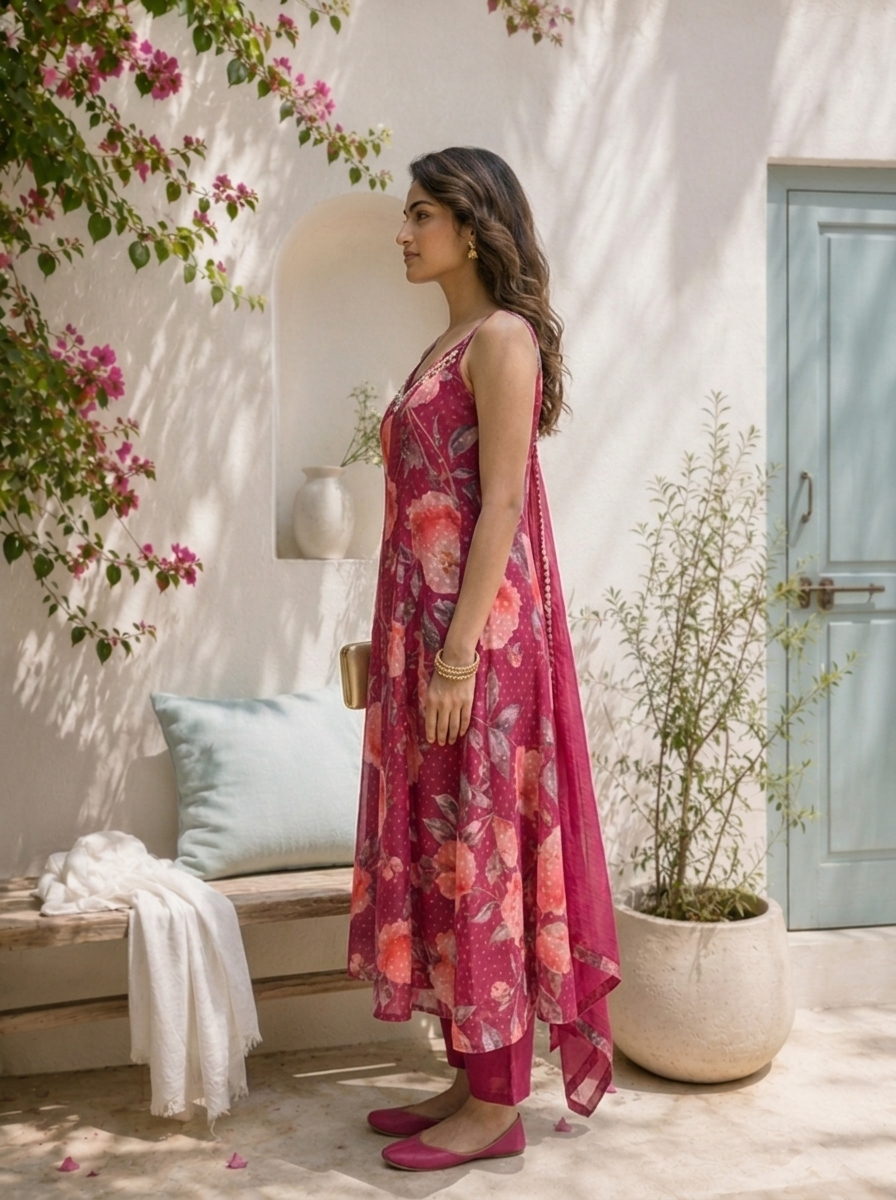 Wine Chinon Digital Floral Printed Three Piece Set