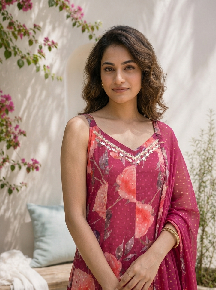 Wine Chinon Digital Floral Printed Three Piece Set