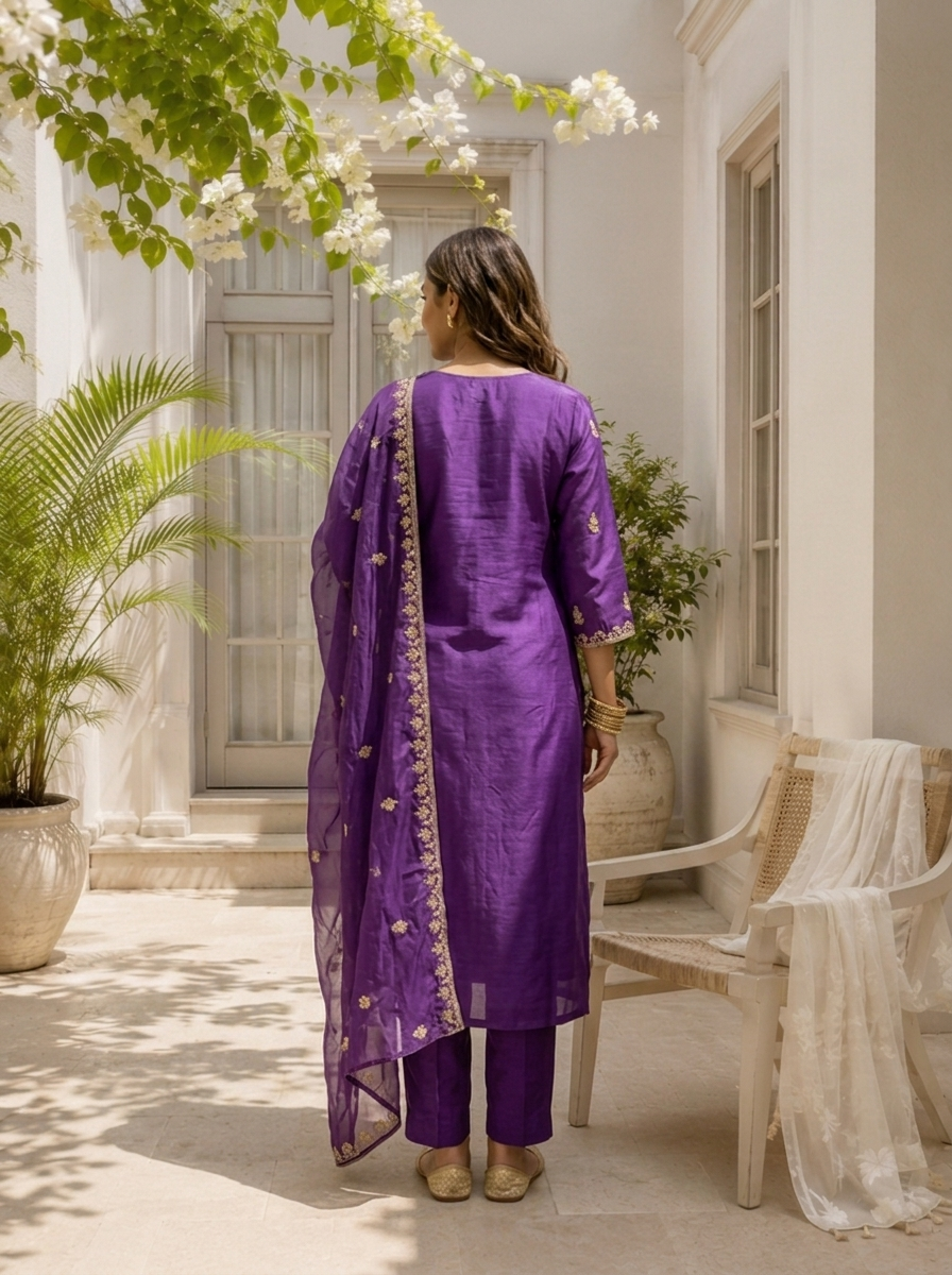 Purple Silk Zari Embroidered Three Piece Set
