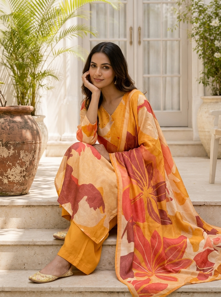 Mustard Silk Abstract Leaf Printed Three Piece Set
