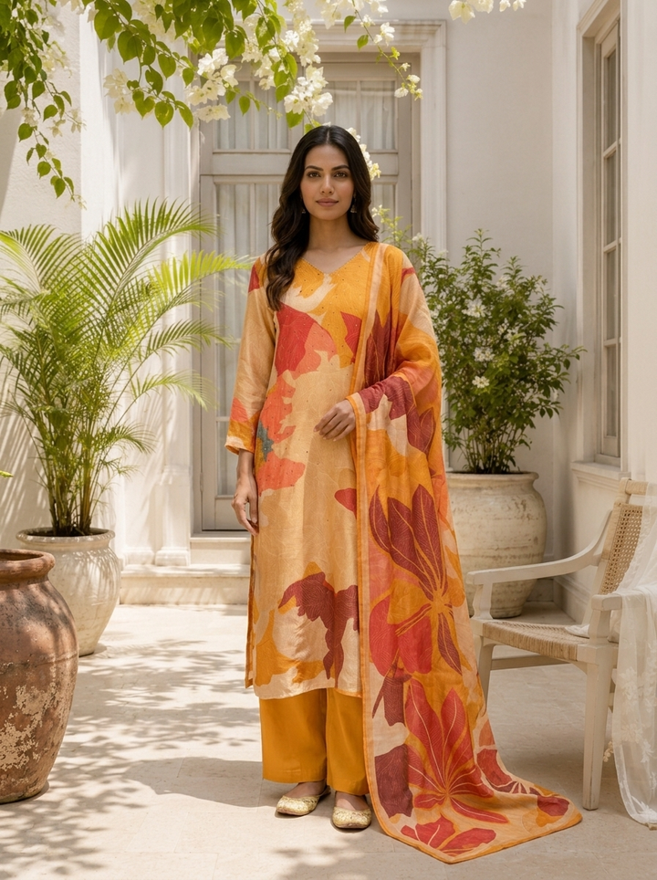 Mustard Silk Abstract Leaf Printed Three Piece Set
