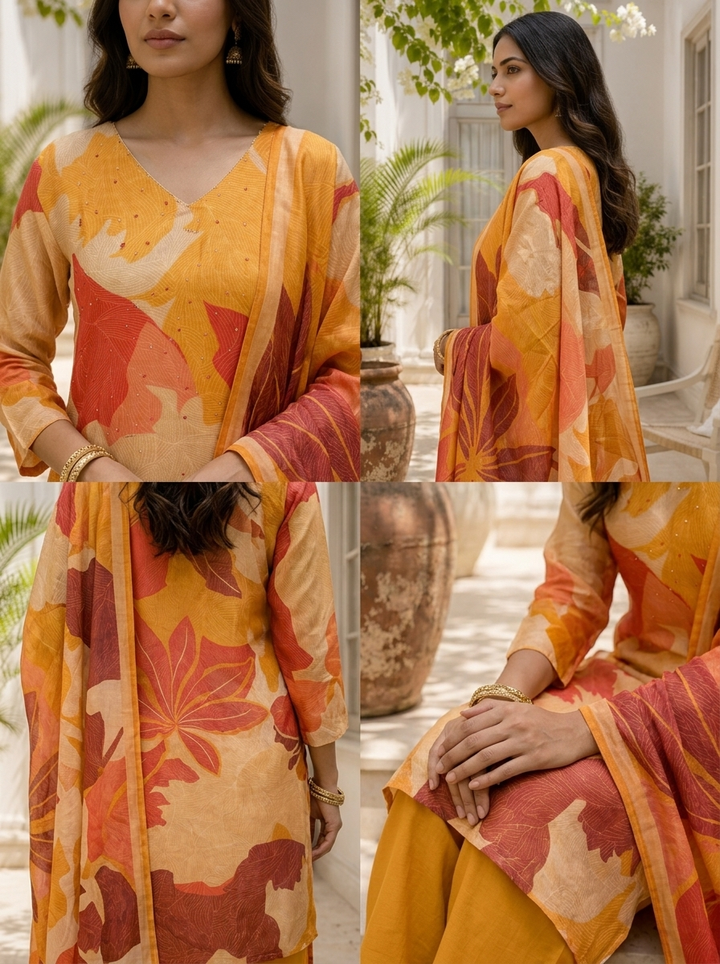 Mustard Silk Abstract Leaf Printed Three Piece Set