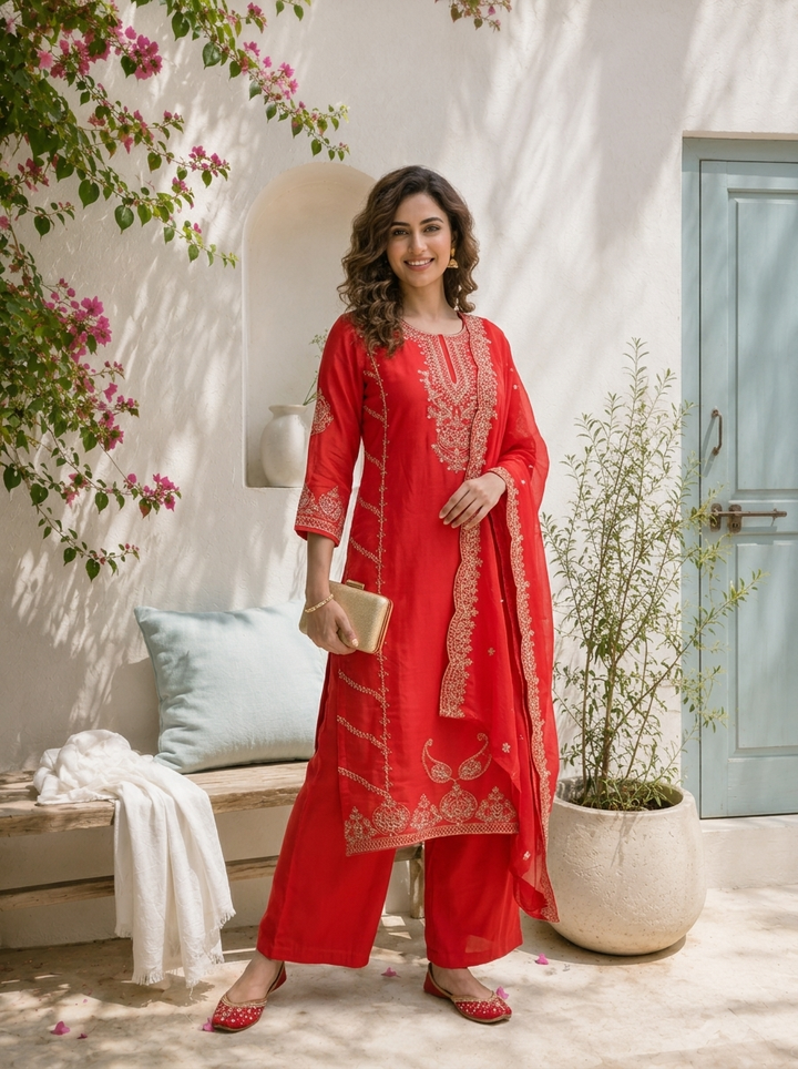 Red Silk Paisley With Side Panel Embroidered Three Piece Set