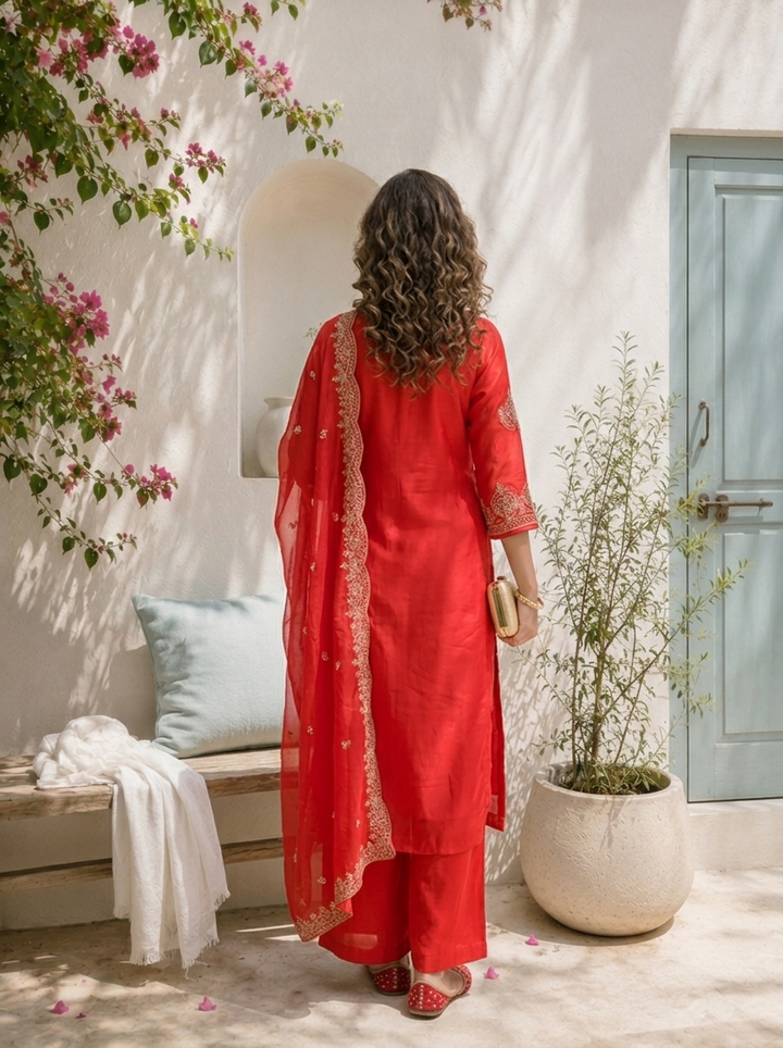 Red Silk Paisley With Side Panel Embroidered Three Piece Set