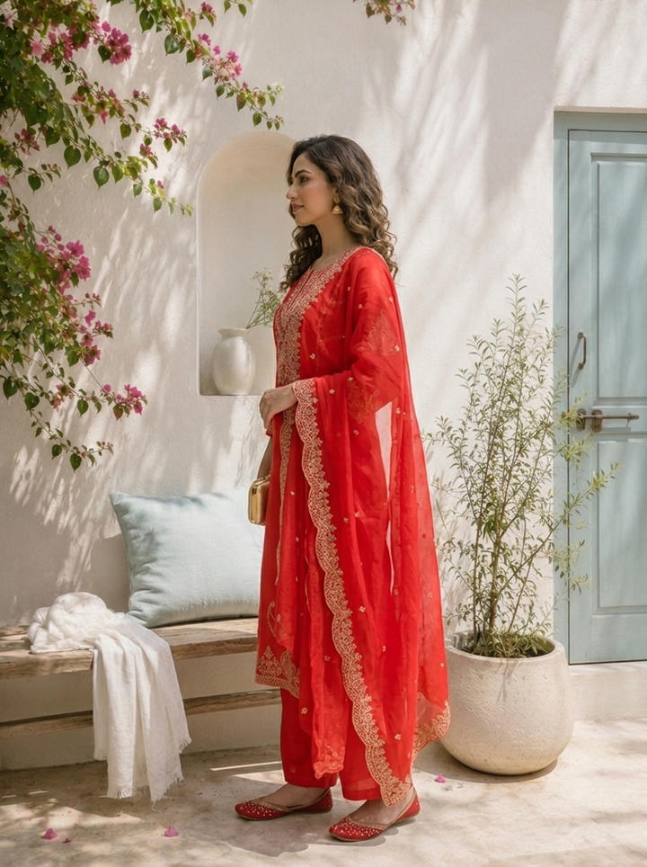 Red Silk Paisley With Side Panel Embroidered Three Piece Set