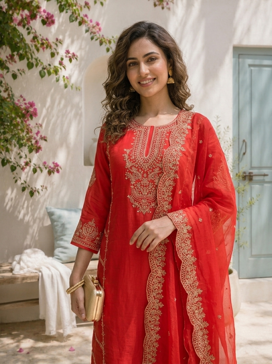 Red Silk Paisley With Side Panel Embroidered Three Piece Set