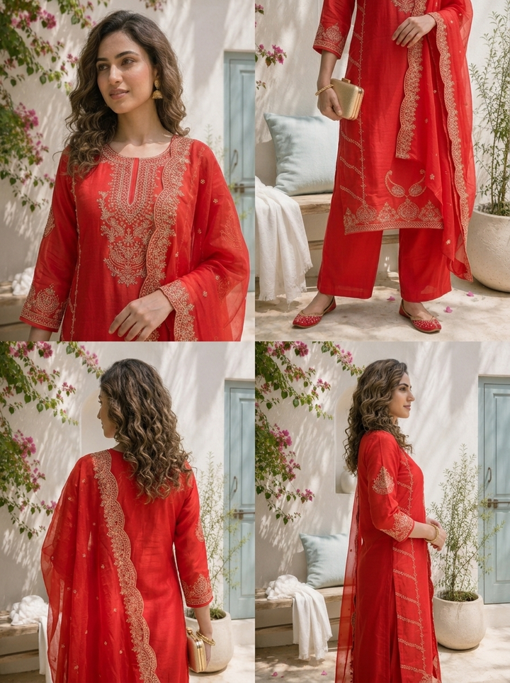 Red Silk Paisley With Side Panel Embroidered Three Piece Set