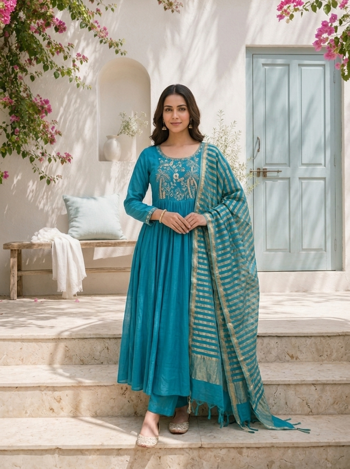 Rama Muslin Solid With Palm Tree Embroidered Three Piece Set