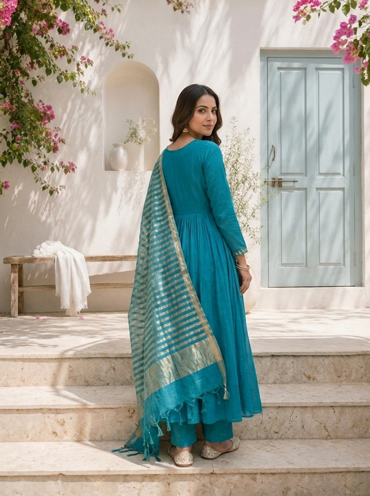 Rama Muslin Solid With Palm Tree Embroidered Three Piece Set